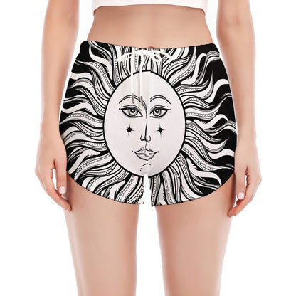 Black And White Celestial Sun Print Women's Split Running Shorts
