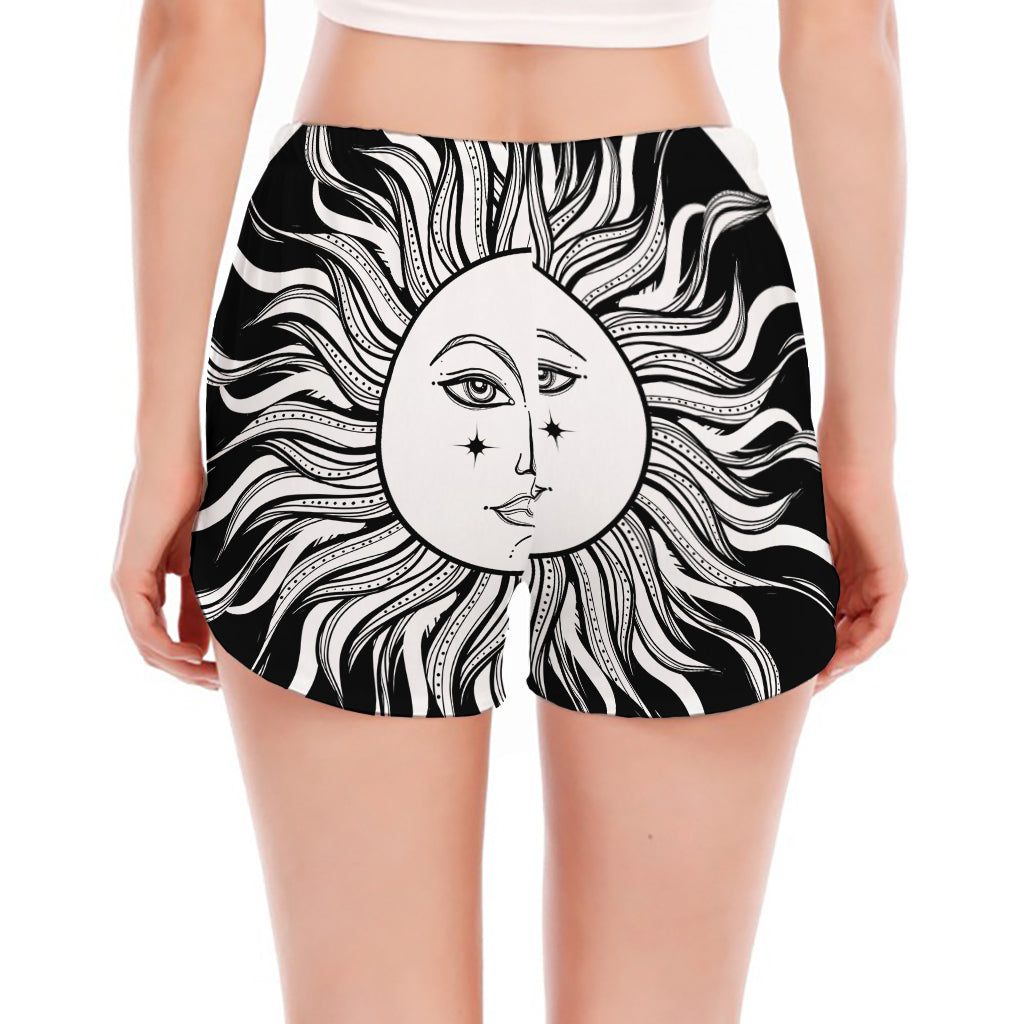 Black And White Celestial Sun Print Women's Split Running Shorts