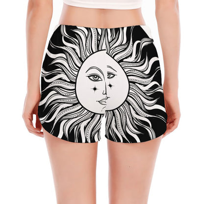 Black And White Celestial Sun Print Women's Split Running Shorts