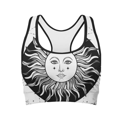Black And White Celestial Sun Print Women's Sports Bra