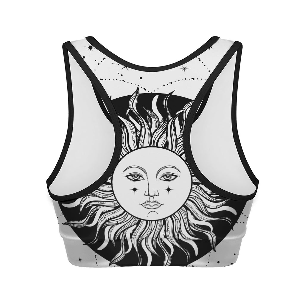 Black And White Celestial Sun Print Women's Sports Bra