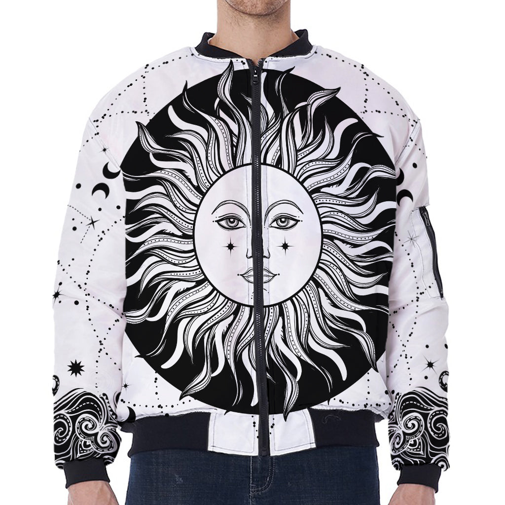 Black And White Celestial Sun Print Zip Sleeve Bomber Jacket