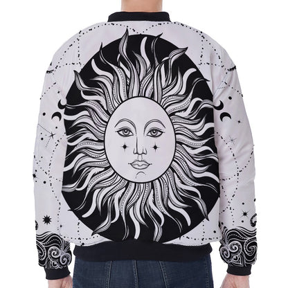 Black And White Celestial Sun Print Zip Sleeve Bomber Jacket