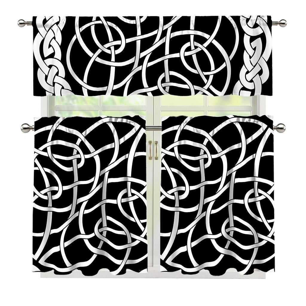 Black And White Celtic Knot Print 3 Piece Kitchen Curtains