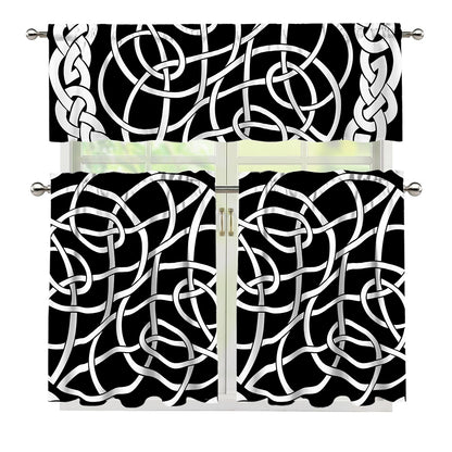 Black And White Celtic Knot Print 3 Piece Kitchen Curtains