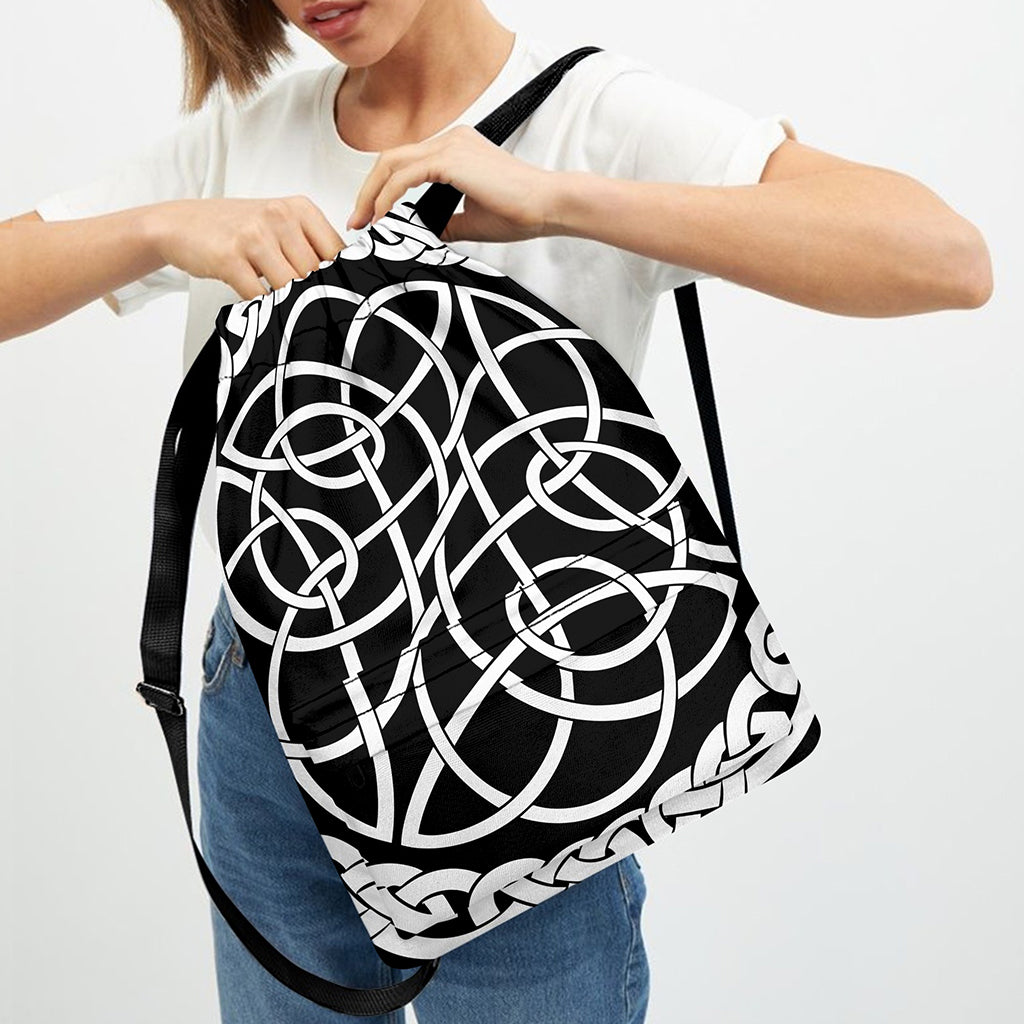 Black And White Celtic Knot Print Drawstring Backpack