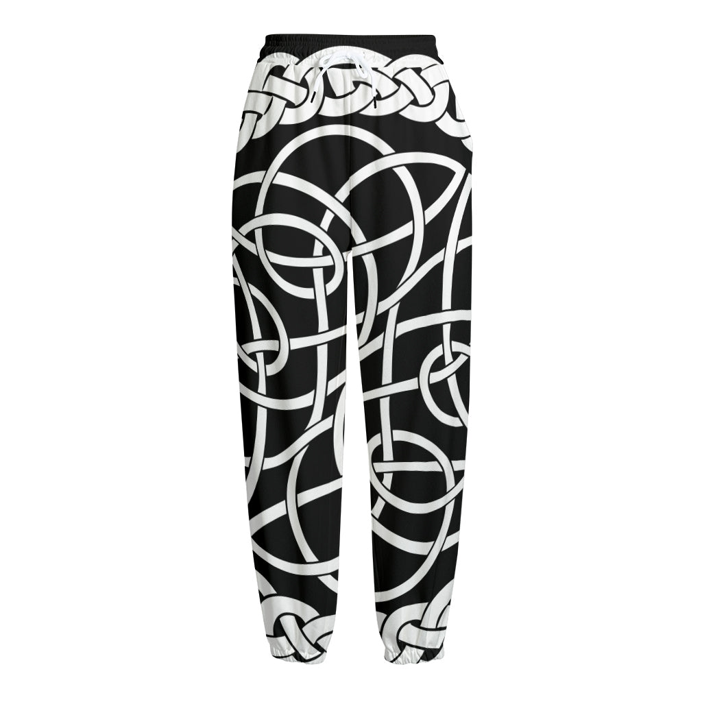 Black And White Celtic Knot Print Fleece Lined Knit Pants