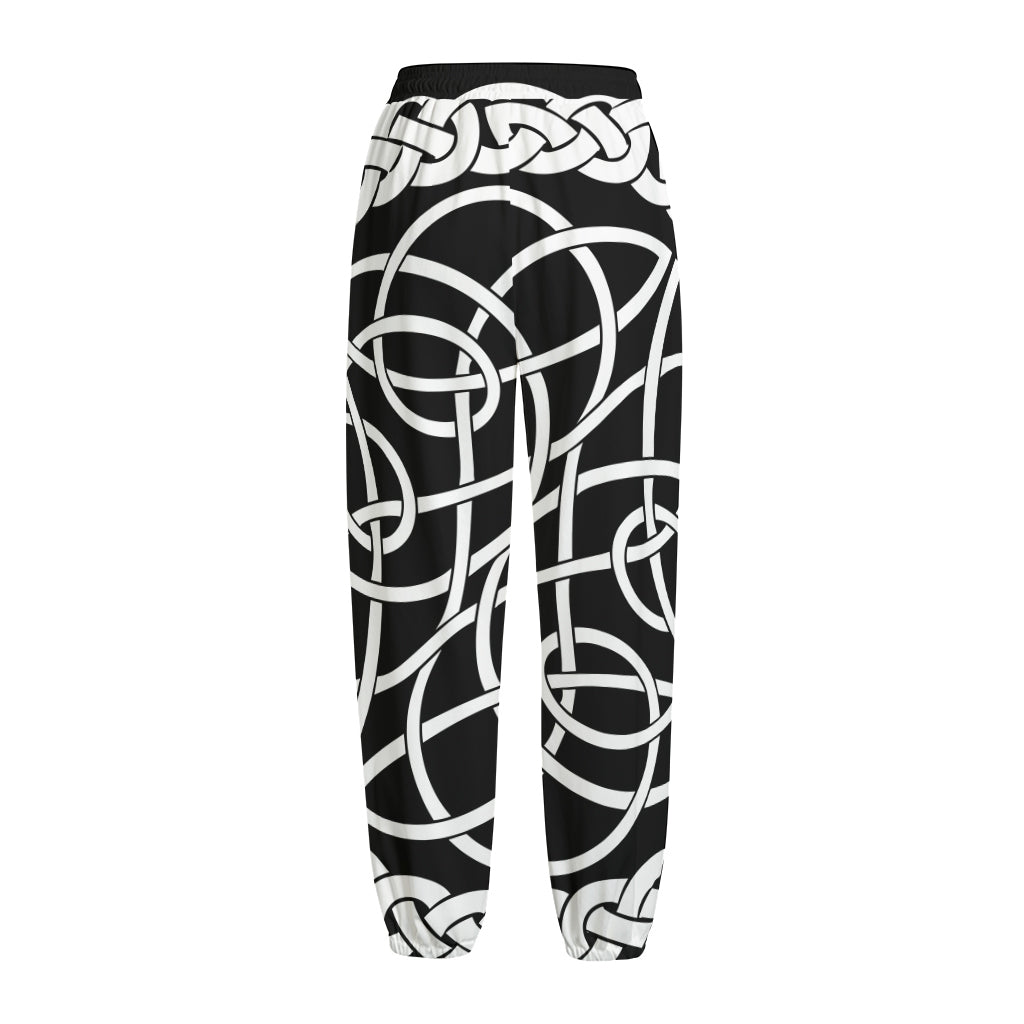 Black And White Celtic Knot Print Fleece Lined Knit Pants