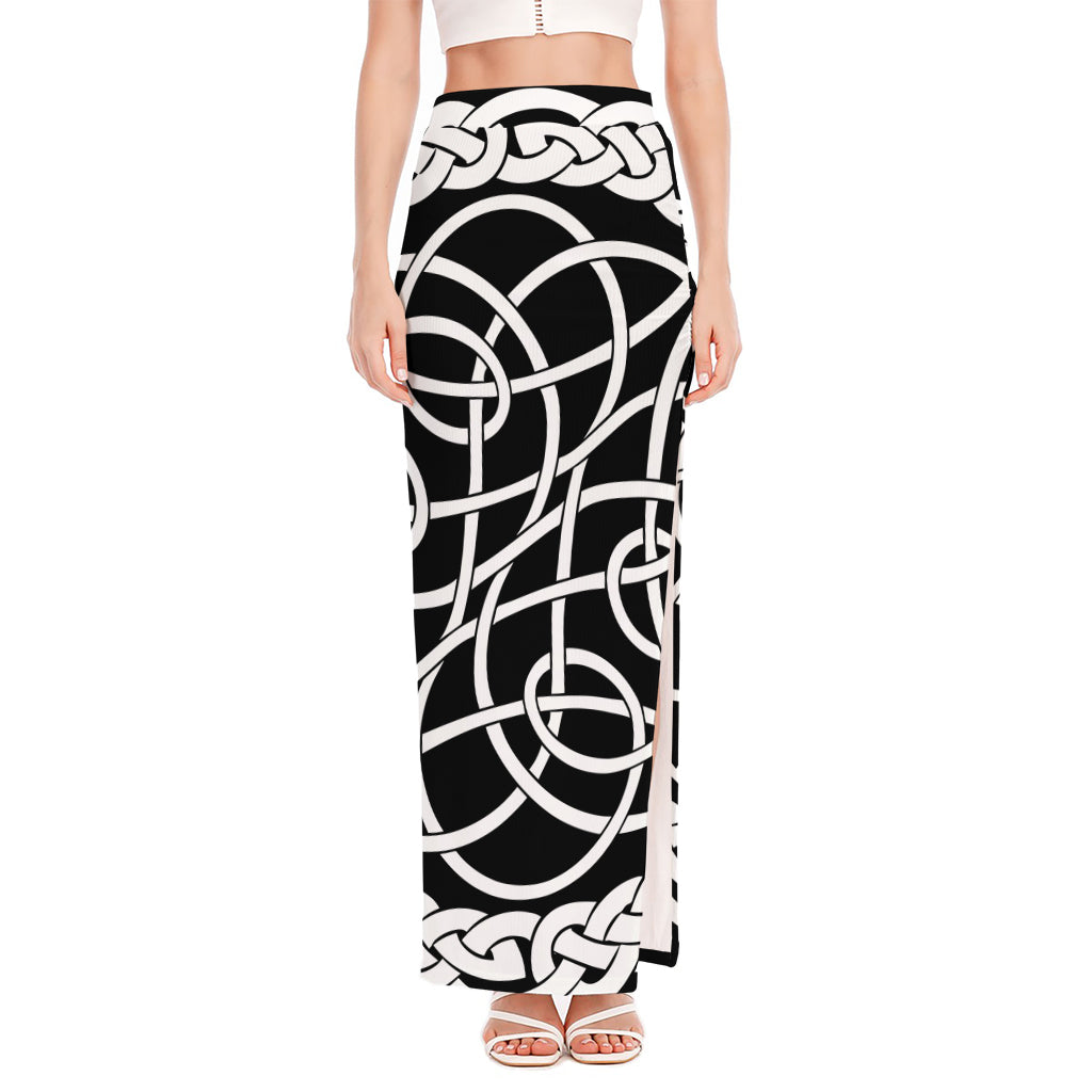 Black And White Celtic Knot Print High Slit Maxi Skirt