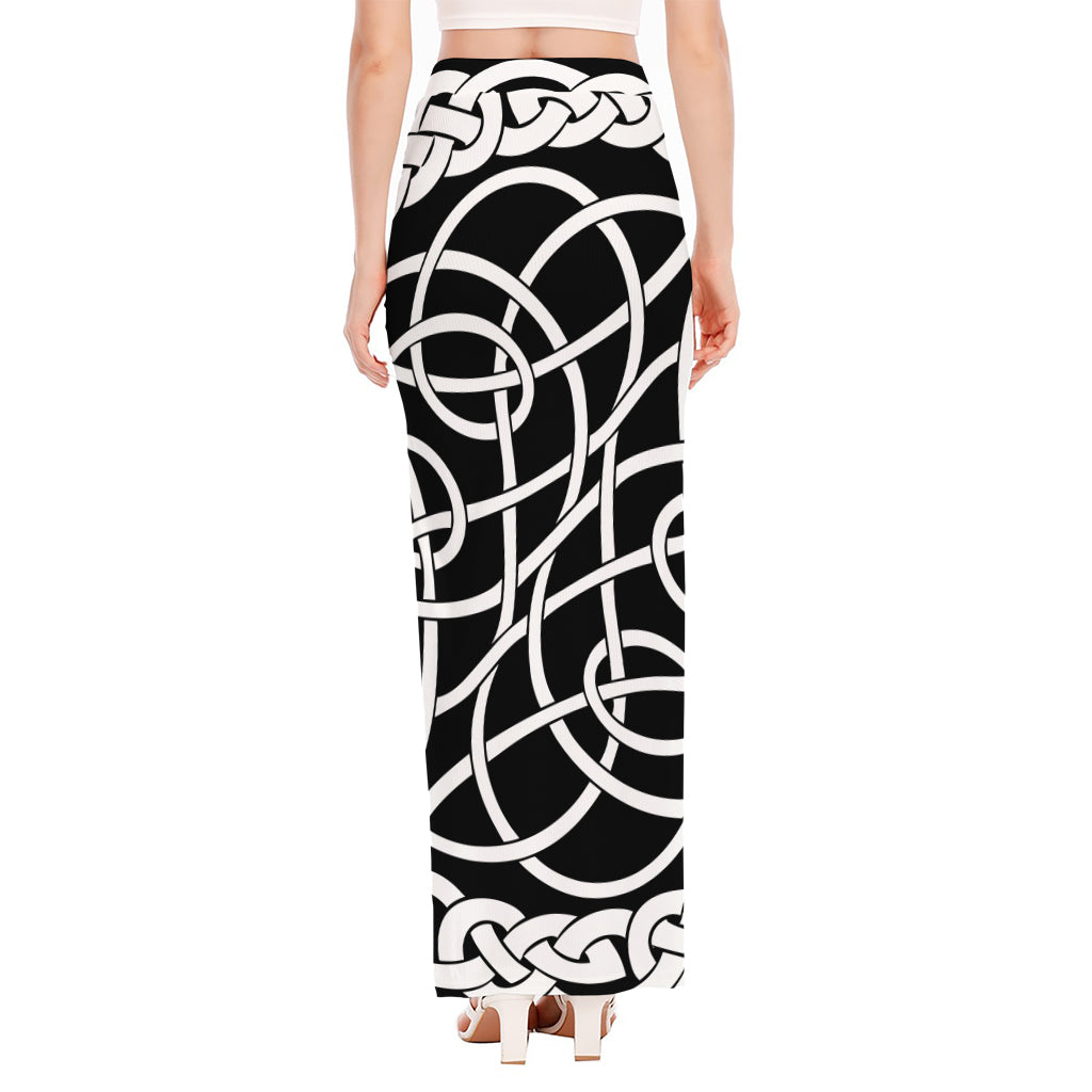 Black And White Celtic Knot Print High Slit Maxi Skirt