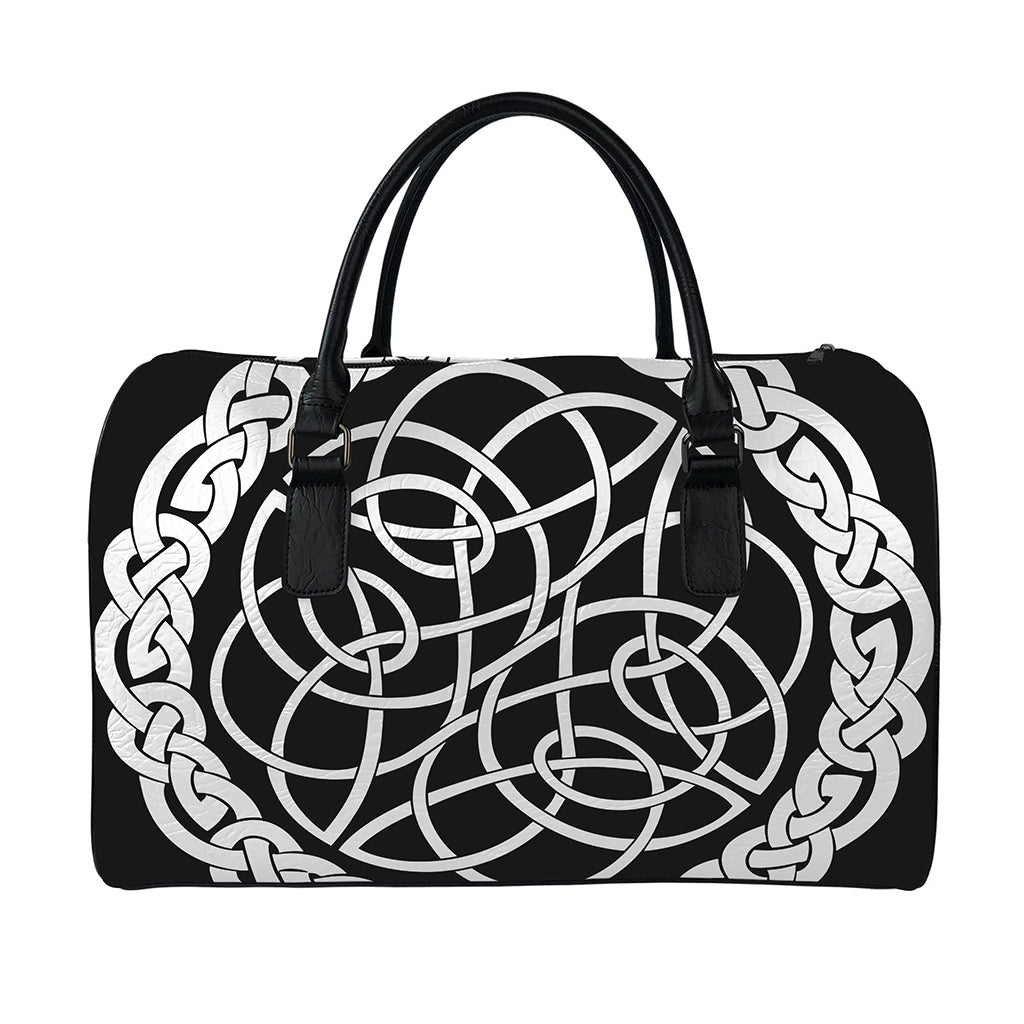 Black And White Celtic Knot Print Leather Duffle Bag