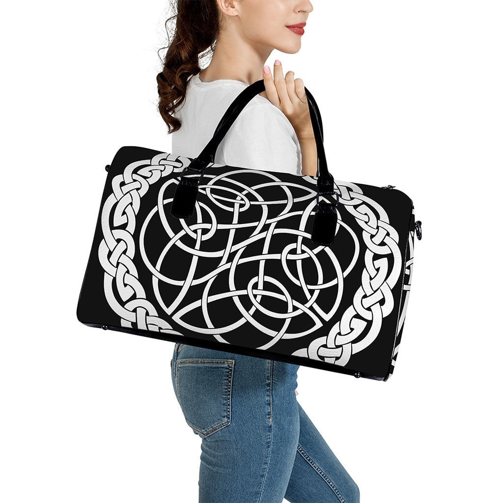 Black And White Celtic Knot Print Leather Duffle Bag