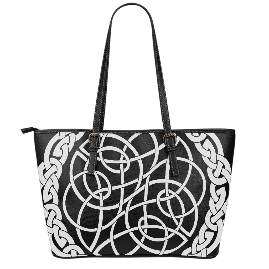 Black And White Celtic Knot Print Leather Tote Bag