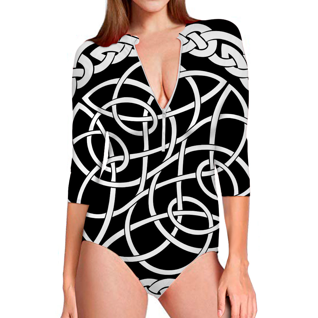 Black And White Celtic Knot Print Long Sleeve Swimsuit