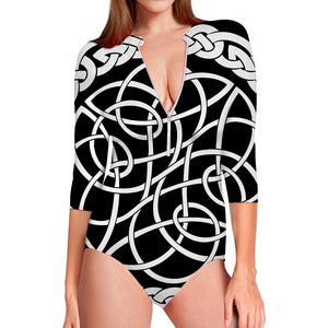 Black And White Celtic Knot Print Long Sleeve Swimsuit