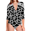 Black And White Celtic Knot Print Long Sleeve Swimsuit