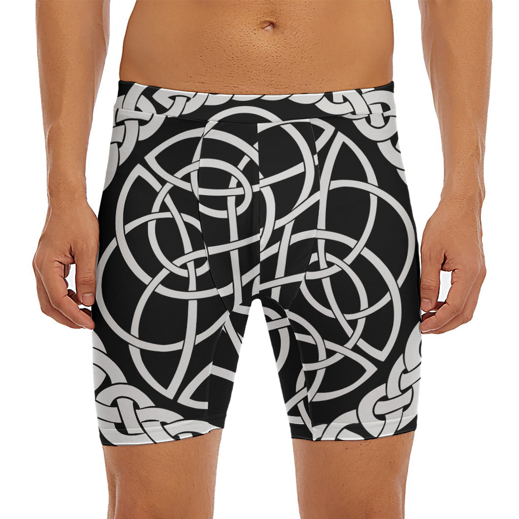 Black And White Celtic Knot Print Men's Long Boxer Briefs