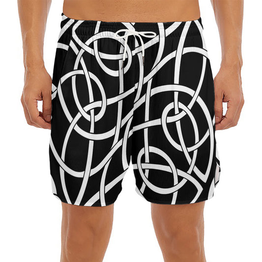 Black And White Celtic Knot Print Men's Split Running Shorts