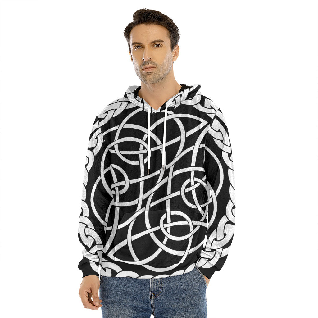 Black And White Celtic Knot Print Men's Velvet Pullover Hoodie