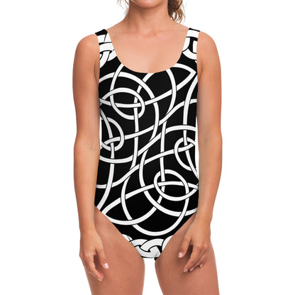 Black And White Celtic Knot Print One Piece Swimsuit