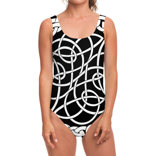 Black And White Celtic Knot Print One Piece Swimsuit
