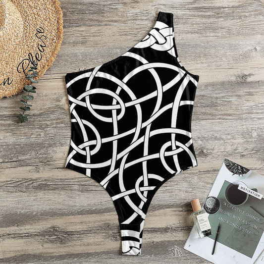 Black And White Celtic Knot Print One Shoulder Bodysuit
