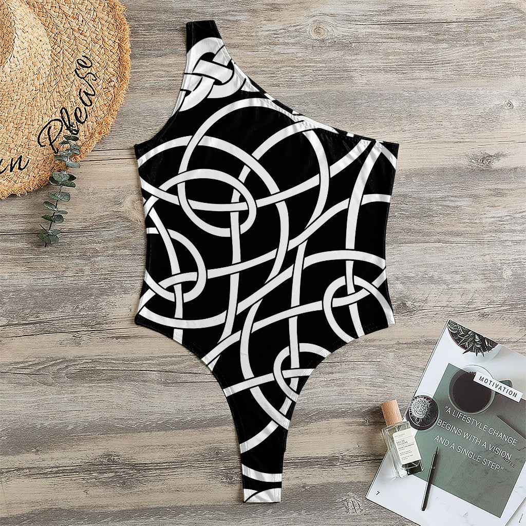 Black And White Celtic Knot Print One Shoulder Bodysuit