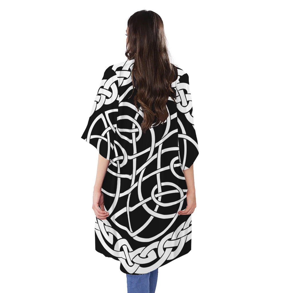 Black And White Celtic Knot Print Open Front Beach Cover Up