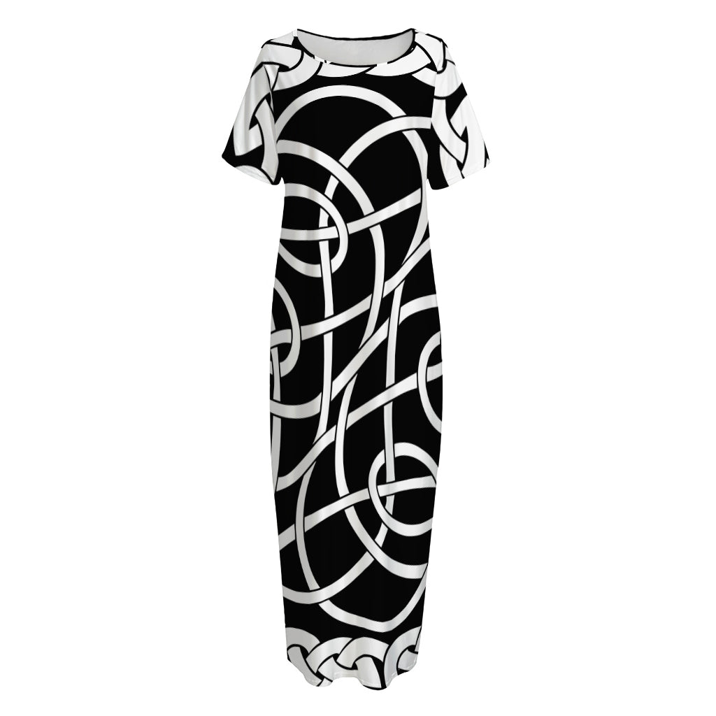 Black And White Celtic Knot Print Short Sleeve Long Nightdress