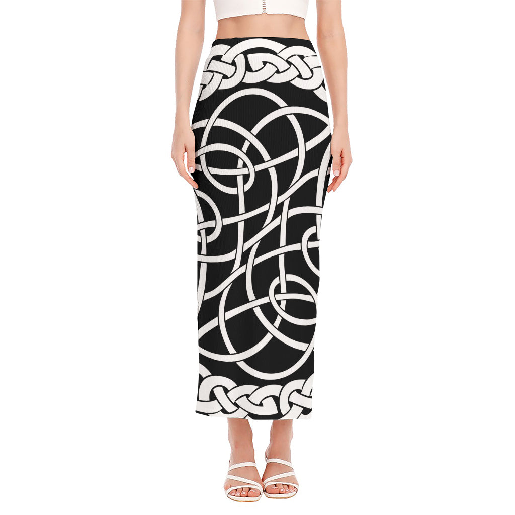 Black And White Celtic Knot Print Side Slit Maxi Skirt