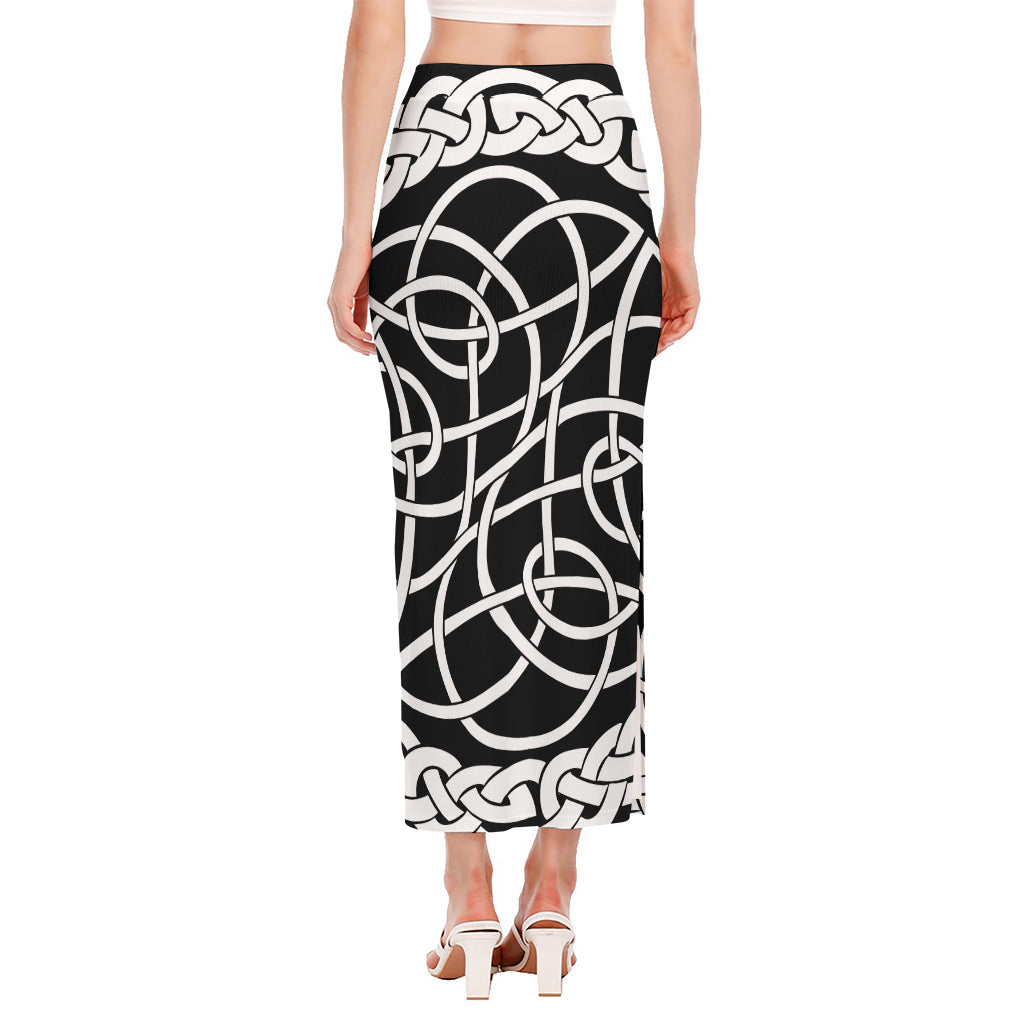 Black And White Celtic Knot Print Side Slit Maxi Skirt