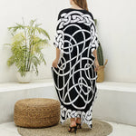 Black And White Celtic Knot Print Silk V-Neck Kaftan Dress