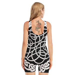 Black And White Celtic Knot Print Sleeveless One Piece Swimsuit