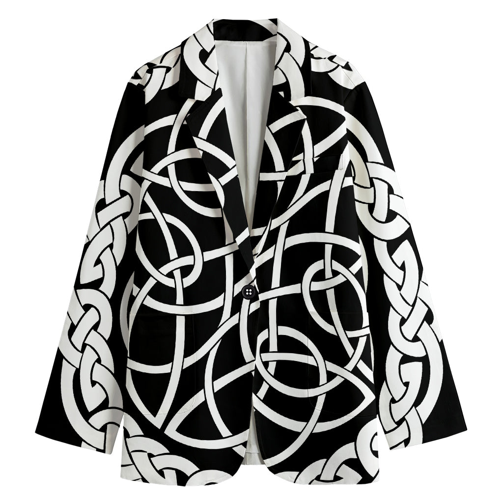 Black And White Celtic Knot Print Women's Cotton Blazer