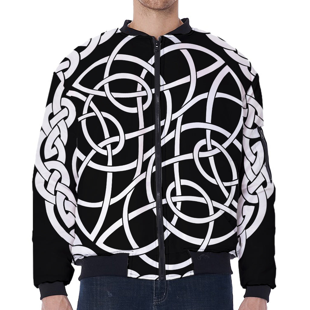 Black And White Celtic Knot Print Zip Sleeve Bomber Jacket