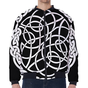 Black And White Celtic Knot Print Zip Sleeve Bomber Jacket