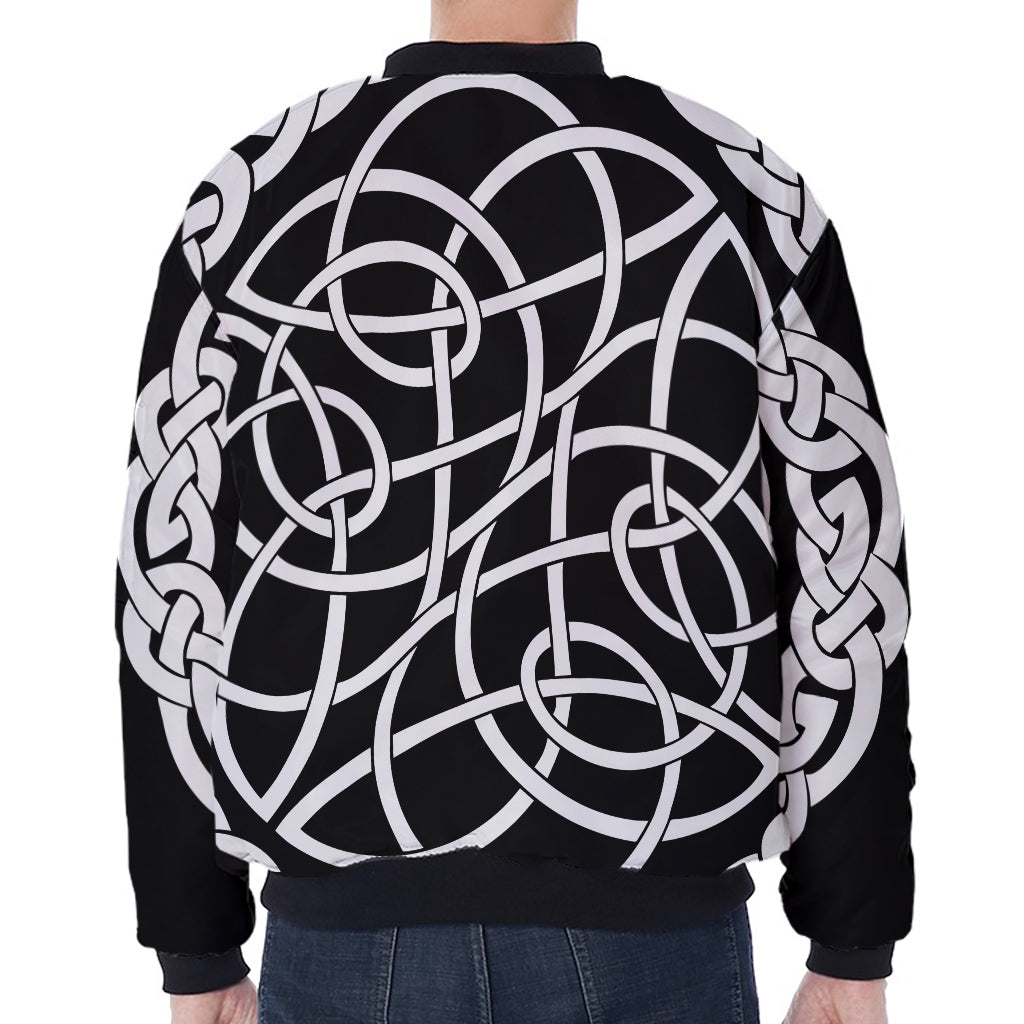 Black And White Celtic Knot Print Zip Sleeve Bomber Jacket