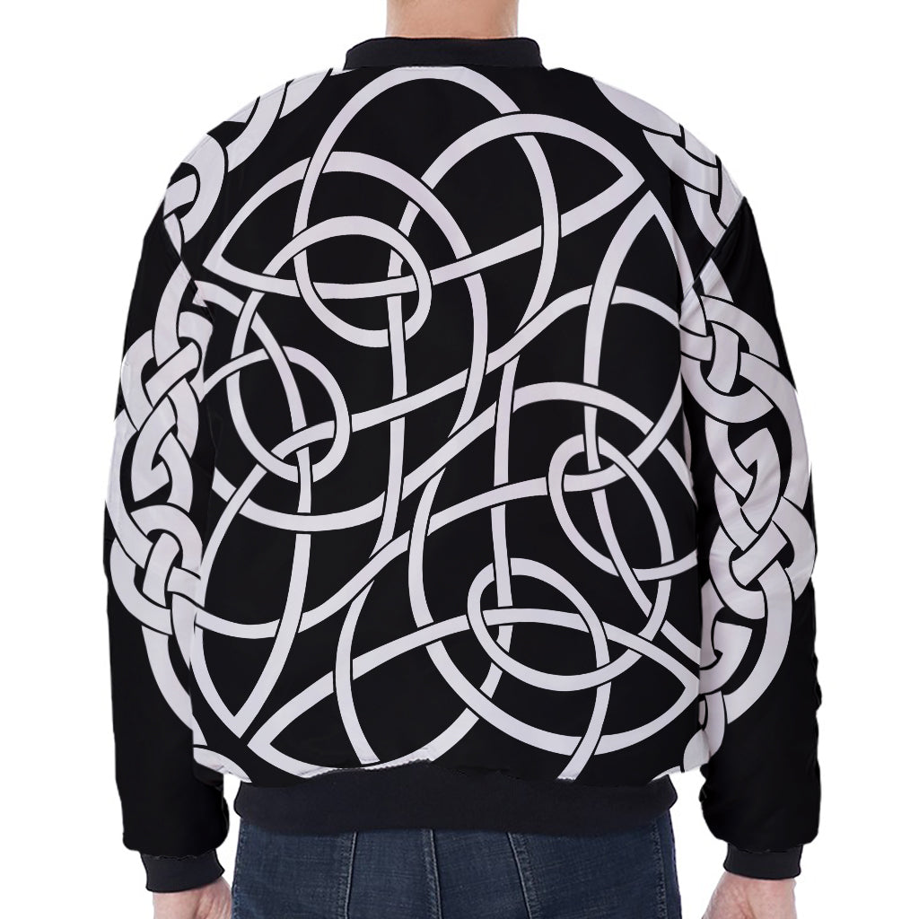 Black And White Celtic Knot Print Zip Sleeve Bomber Jacket