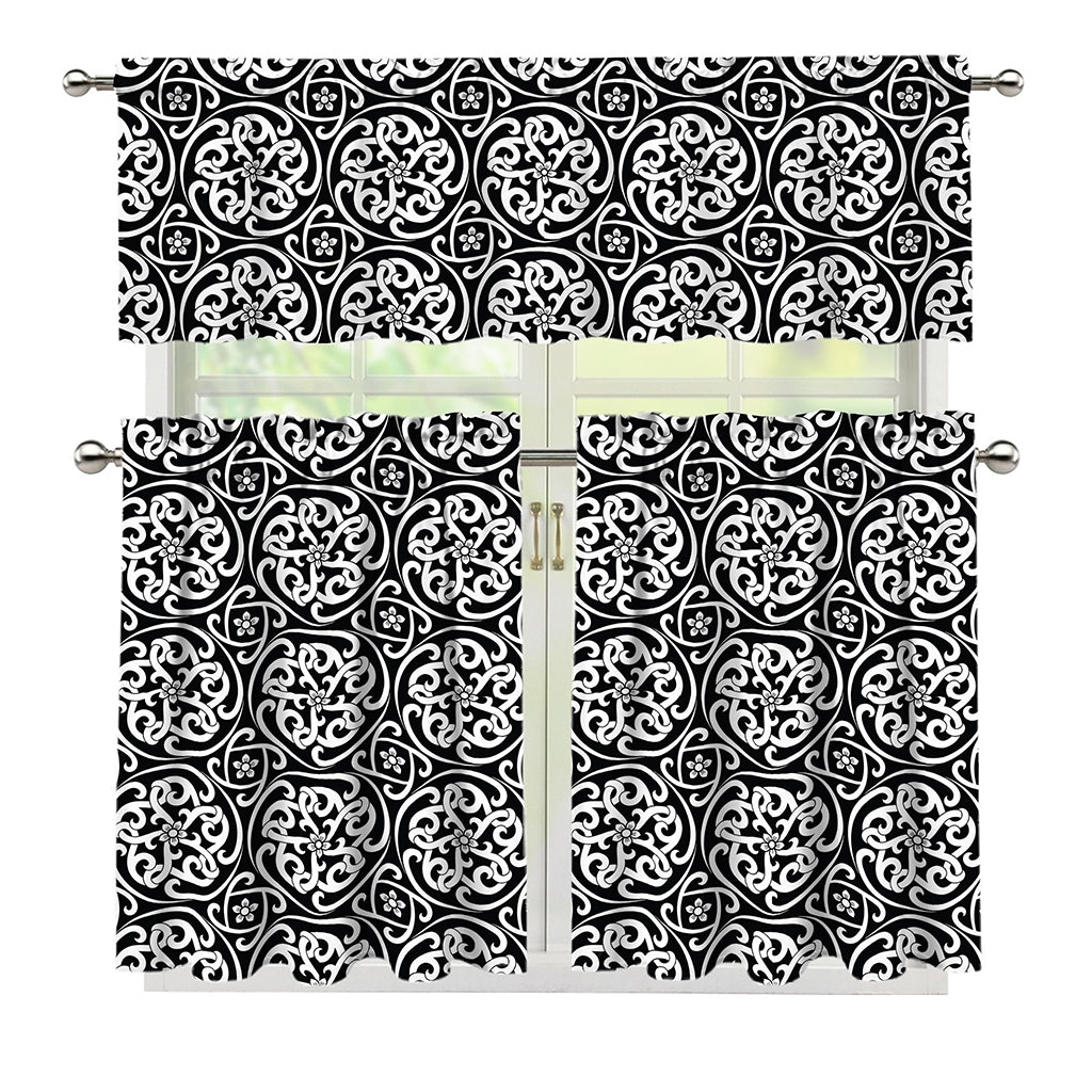Black And White Celtic Pattern Print 3 Piece Kitchen Curtains