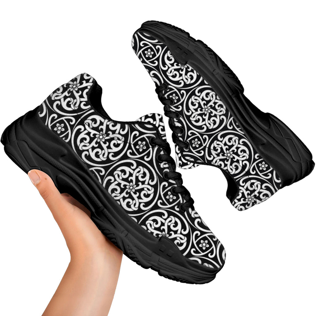 Black And White Celtic Pattern Print Black Chunky Shoes