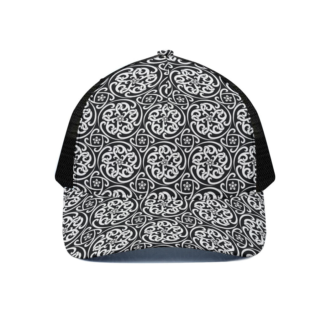 Black And White Celtic Pattern Print Black Mesh Trucker Cap