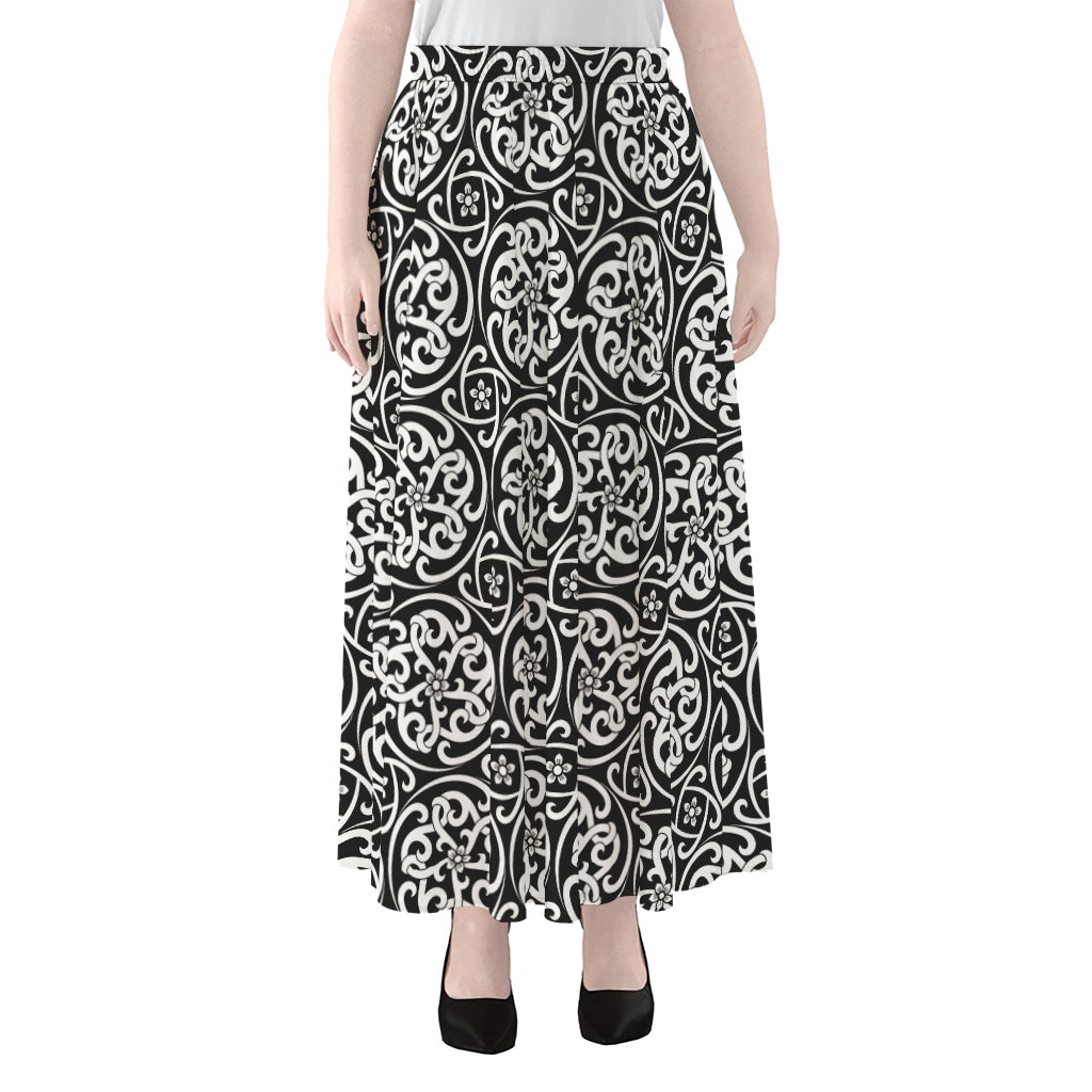 Black And White Celtic Pattern Print Chiffon Maxi Skirt