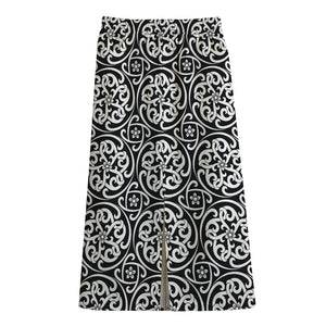 Black And White Celtic Pattern Print Cotton Front Slit Maxi Skirt