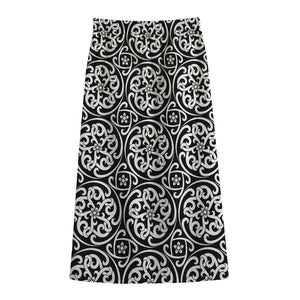 Black And White Celtic Pattern Print Cotton Front Slit Maxi Skirt