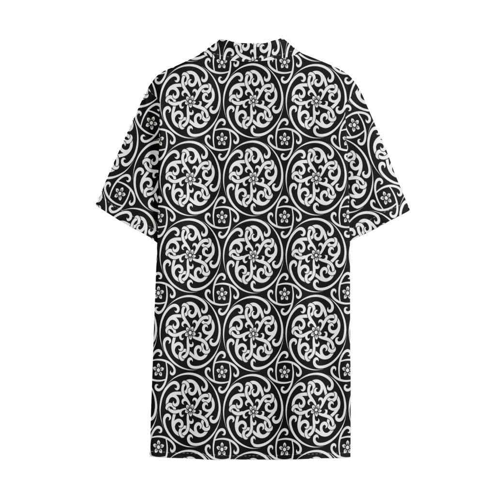 Black And White Celtic Pattern Print Cotton Hawaiian Shirt