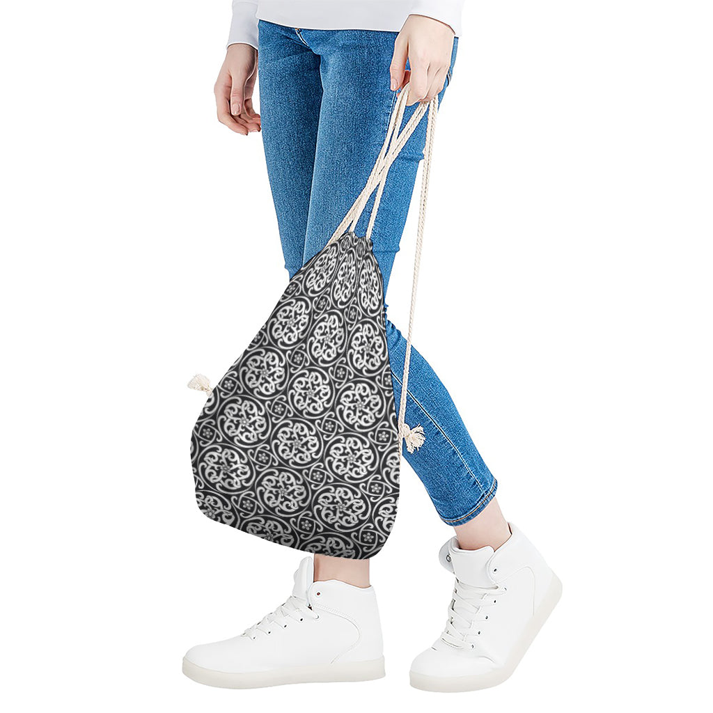 Black And White Celtic Pattern Print Drawstring Bag