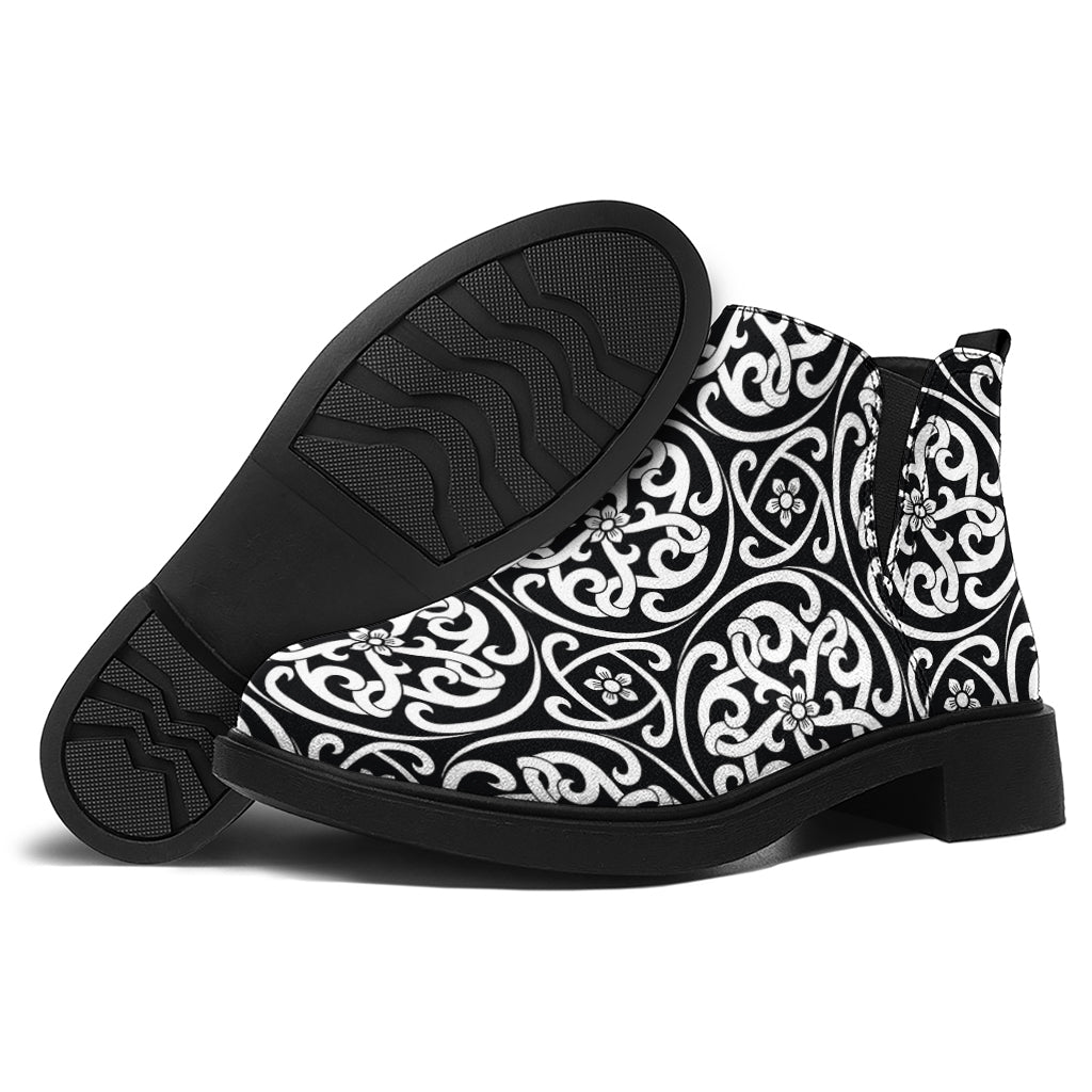 Black And White Celtic Pattern Print Flat Ankle Boots