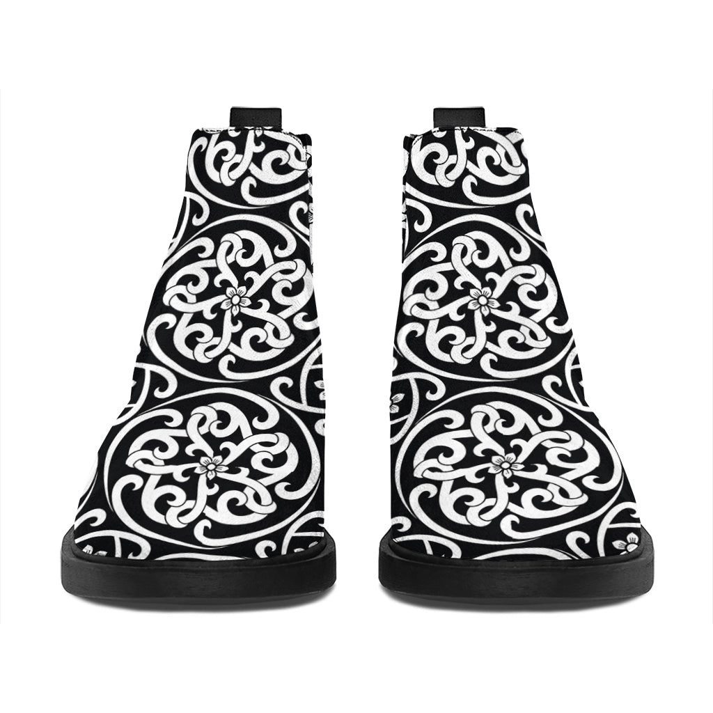 Black And White Celtic Pattern Print Flat Ankle Boots