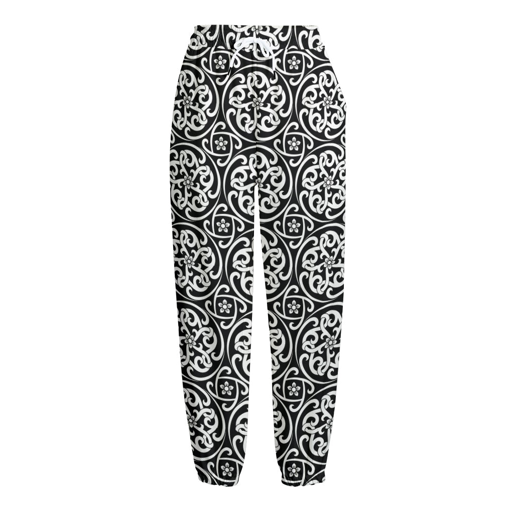Black And White Celtic Pattern Print Fleece Lined Knit Pants