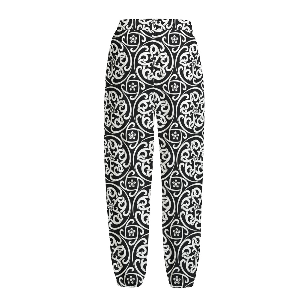 Black And White Celtic Pattern Print Fleece Lined Knit Pants